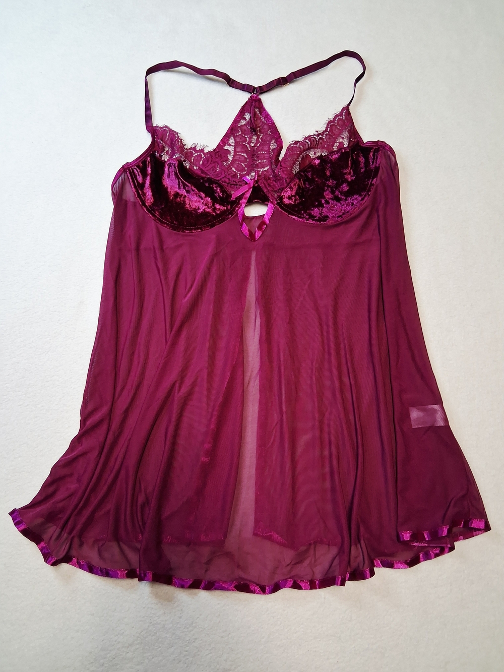 Sheer Lace & Velvet Babydoll Nightdress in Plum